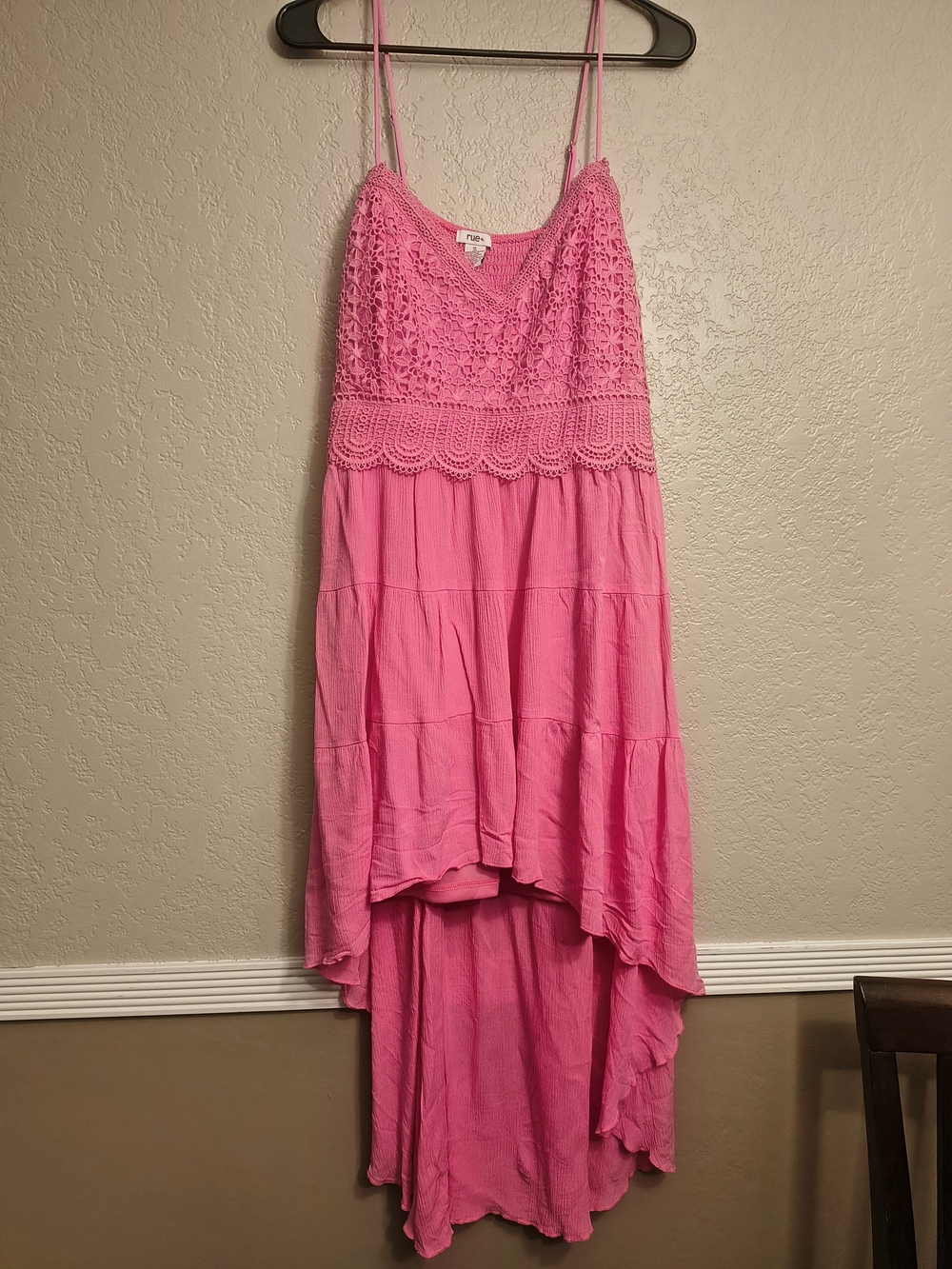 1X Pink Crochet Bodice High-Low Adjustable Spaghetti Strap Summer Dress